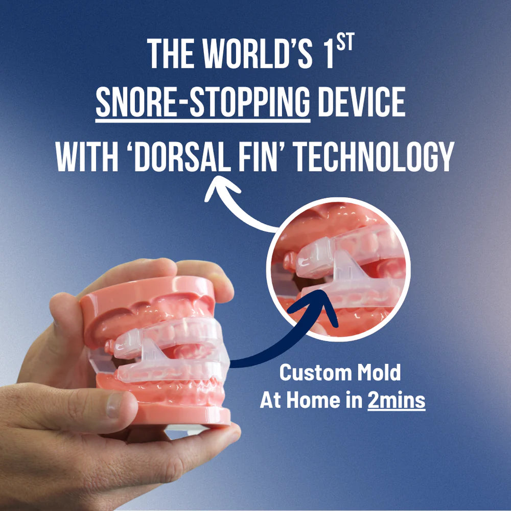 Hand holding a snore-stopping device with text about 'Dorsal Fin' technology on a blue background