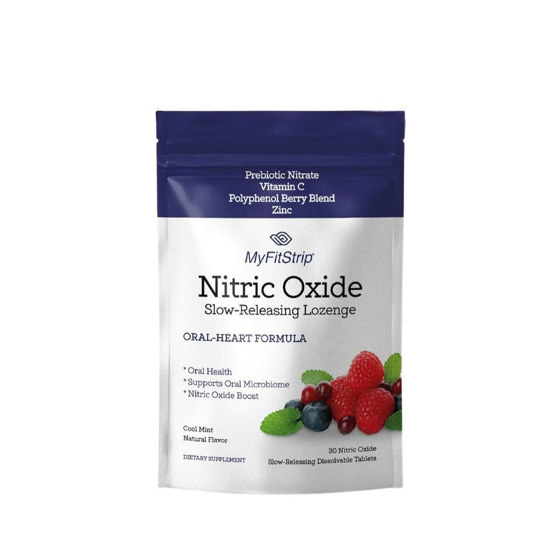 MyFitStrip Nitric Oxide lozenge package with berry illustration on a white background