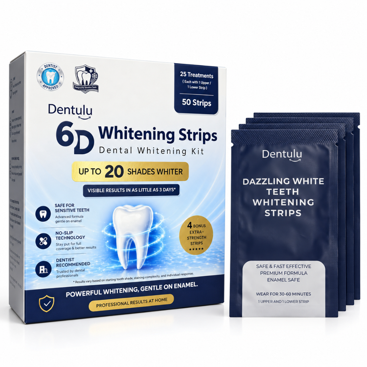 Dentulu 6D Whitening Strips kit shown with its retail box and four individual packet strips on a clean white background.