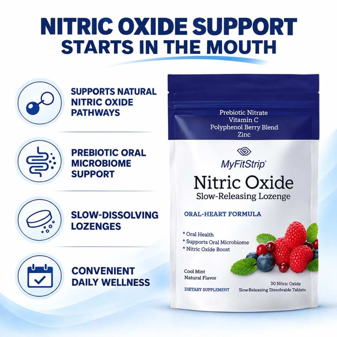 MyFitStrip Nitric Oxide Slow-Releasing Lozenge dietary supplement pouch shown on a white background with blue graphic text and icons describing benefits: supports natural nitric oxide pathways, prebiotic oral microbiome support, slow-dissolving lozenges, and convenient daily wellness.