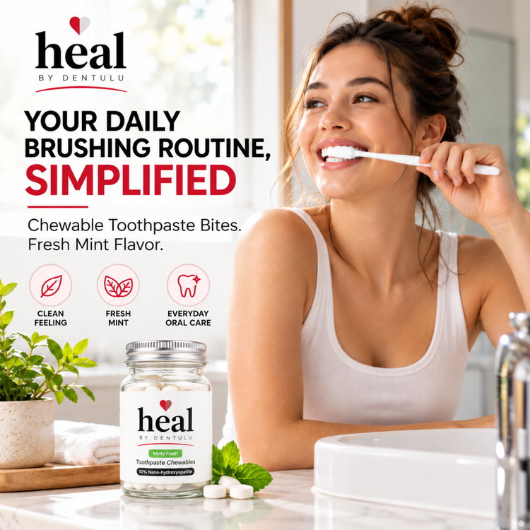 A woman brushing her teeth in a bright bathroom setting, with a jar of heal by Dentulu chewable toothpaste bites and two tablets placed in the foreground. Large promotional text on the left reads, 'YOUR DAILY BRUSHING ROUTINE, SIMPLIFIED' and describes fresh mint flavor.