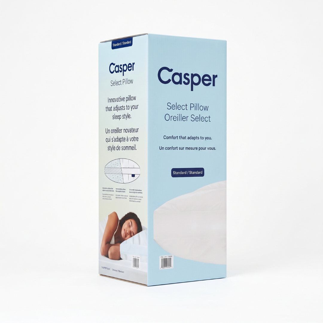 Casper Select Pillow packaging box in light blue and white, featuring product text, a small sleeping person illustration, and a pillow photo on a clean white background.