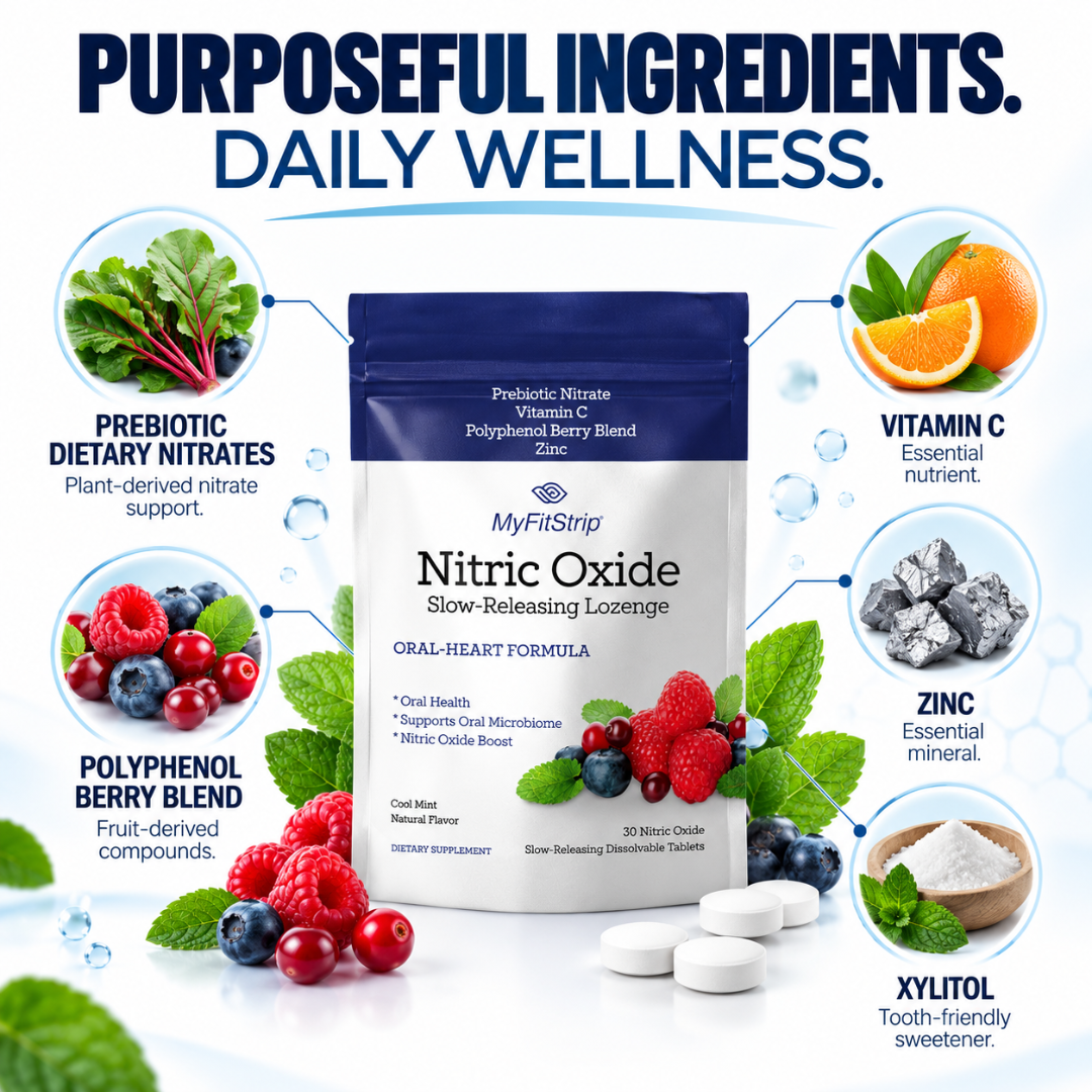MyFitStri Nitric Oxide oral-health supplement pouch centered on a white background with ingredient callouts and small tablets in front. The package is dark blue and white, surrounded by illustrated and real food/ingredient references including prebiotic dietary nitrates, vitamin C, polyphenol berry blend, zinc, xylitol, and mint leaves.
