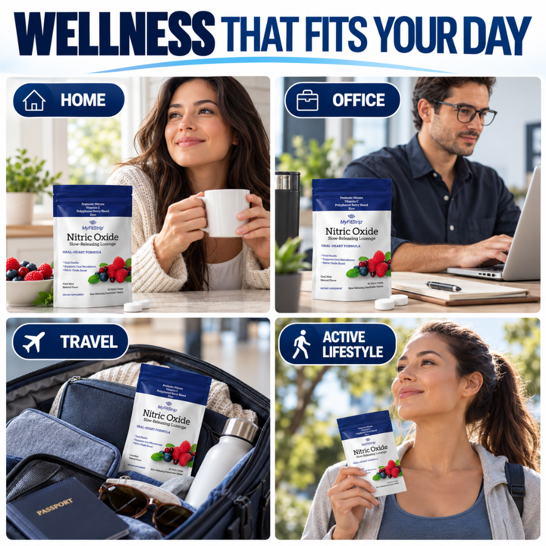 A four-panel marketing collage promoting Nitric Oxide supplement packets. The top banner reads 'WELLNESS THAT FITS YOUR DAY.