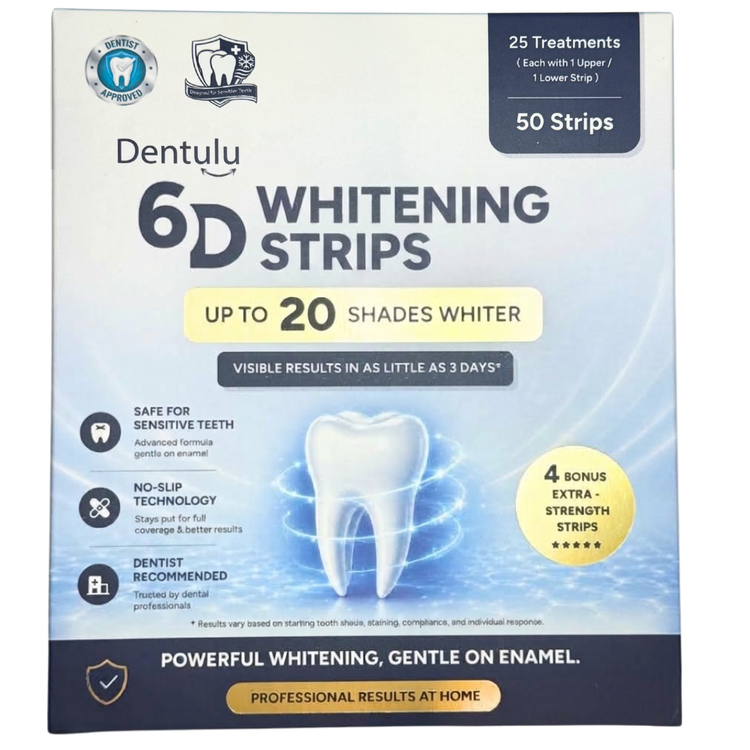 Dentuly 6D Whitening Strips box containing 50 strips, featuring a white and blue design with a graphic of a glowing tooth and a gold bonus strips badge.