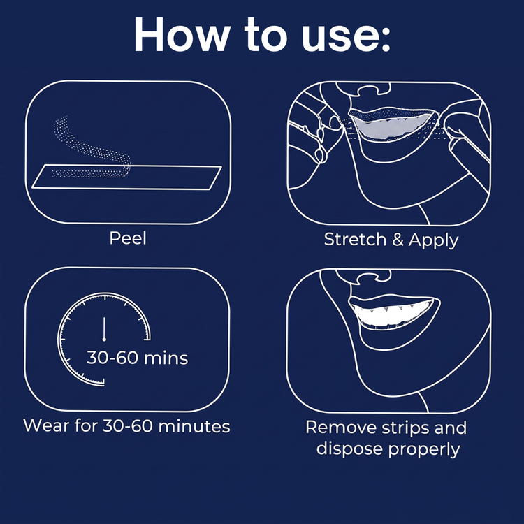 A dark blue instructional graphic titled 'How to use:' with four white outlined panels showing steps for applying and removing adhesive strips: peel, stretch and apply, wear for 30-60 minutes, and remove strips and dispose properly.