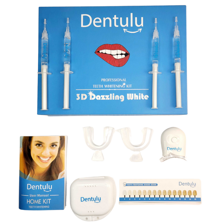 The image shows the Dentulu 3D Dazzling White Teeth Whitening Kit packaging with contents including syringes with gel, LED light device, mouth trays, and a shade guide.