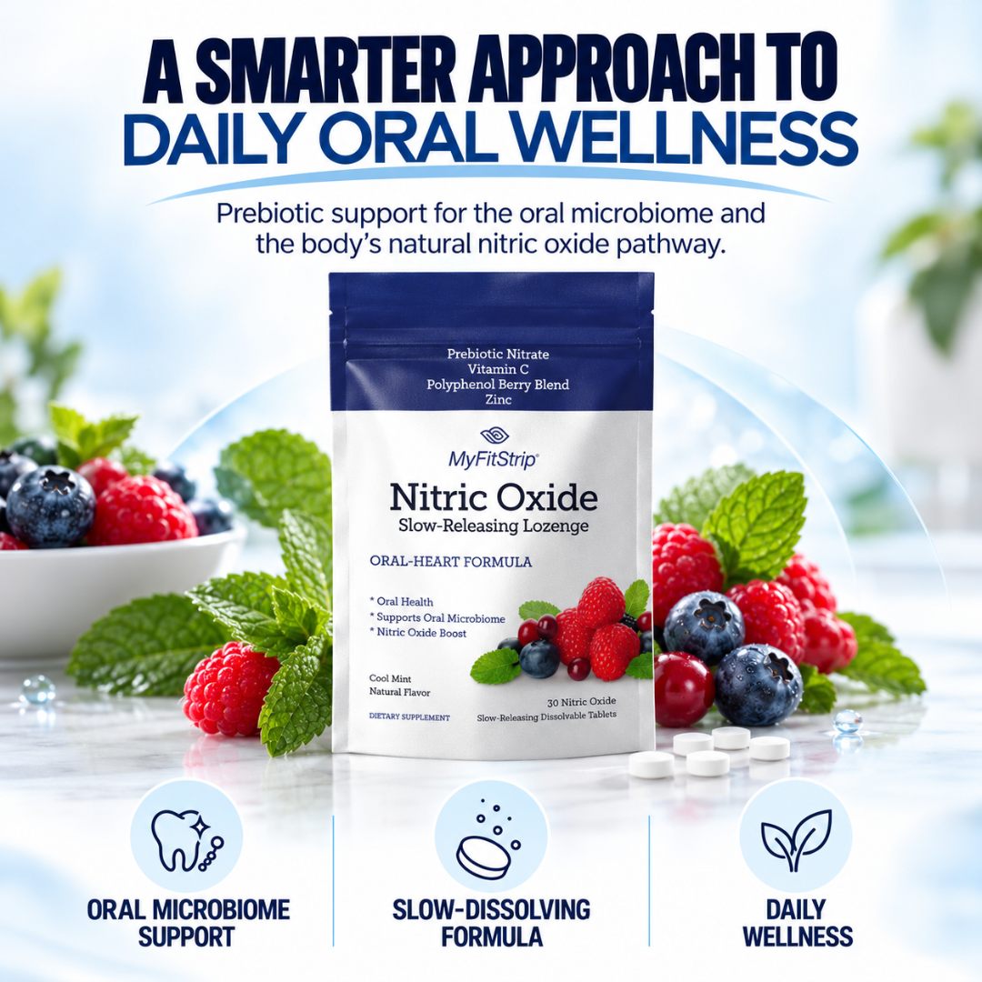 MyFitStrip Nitric Oxide slow-releasing lozenge pouch centered on a bright white and blue background, surrounded by berries, mint leaves, and loose tablets. Large headline text at the top reads 'A SMARTER APPROACH TO DAILY ORAL WELLNESS,' and three feature icons at the bottom highlight oral microbiome support, slow-dissolving formula, and daily wellness.