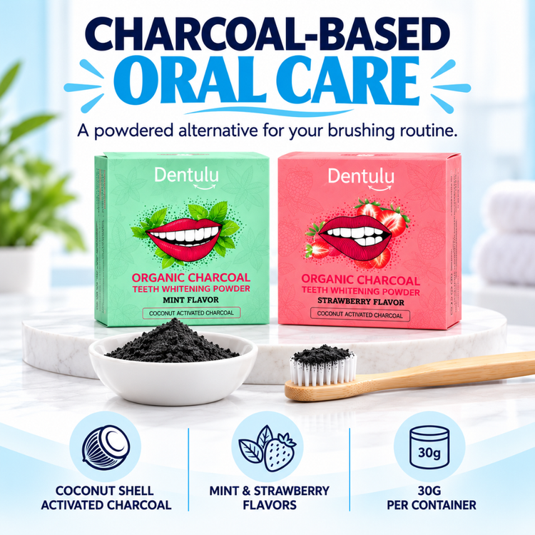 Two Dentulu charcoal-based oral care boxes, one mint green and one strawberry pink, displayed on a marble pedestal with activated charcoal powder in a small bowl, a toothbrush, and marketing text at the top and bottom.