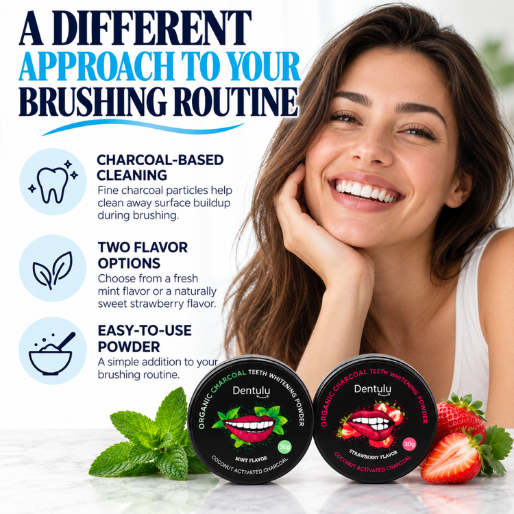 A promotional graphic for Dentulu tooth powder featuring a smiling woman on the right and product tin packaging with strawberries and mint leaves on the left, over a light gray background with marketing text about charcoal-based cleaning and two flavor options.