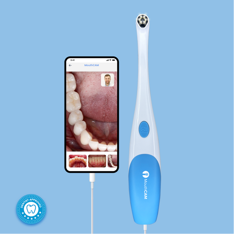 A USB personal dental intraoral camera device with its corresponding app interface on a smartphone, showing captured images of teeth and gums.