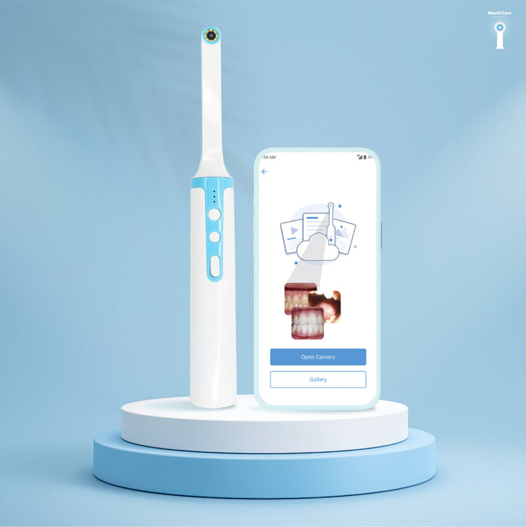 MouthCAM intraoral camera next to a phone showing the MouthCAM app