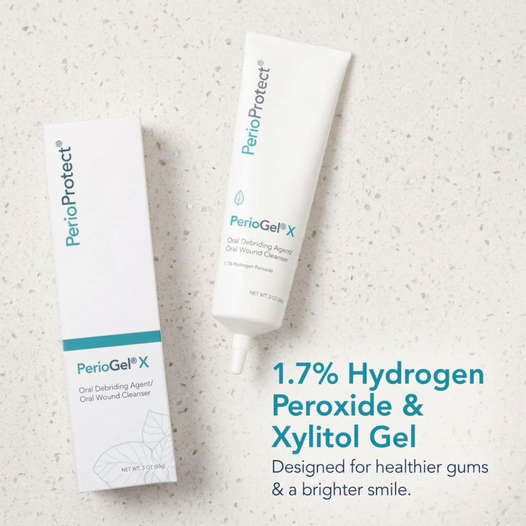PerioProtect PeriGel-X oral wound cleanser shown as a white squeeze tube next to its white retail box on a light speckled countertop, with teal text reading '1.7% Hydrogen Peroxide & Xylitol Gel' and 'Designed for healthier gums & a brighter smile.
