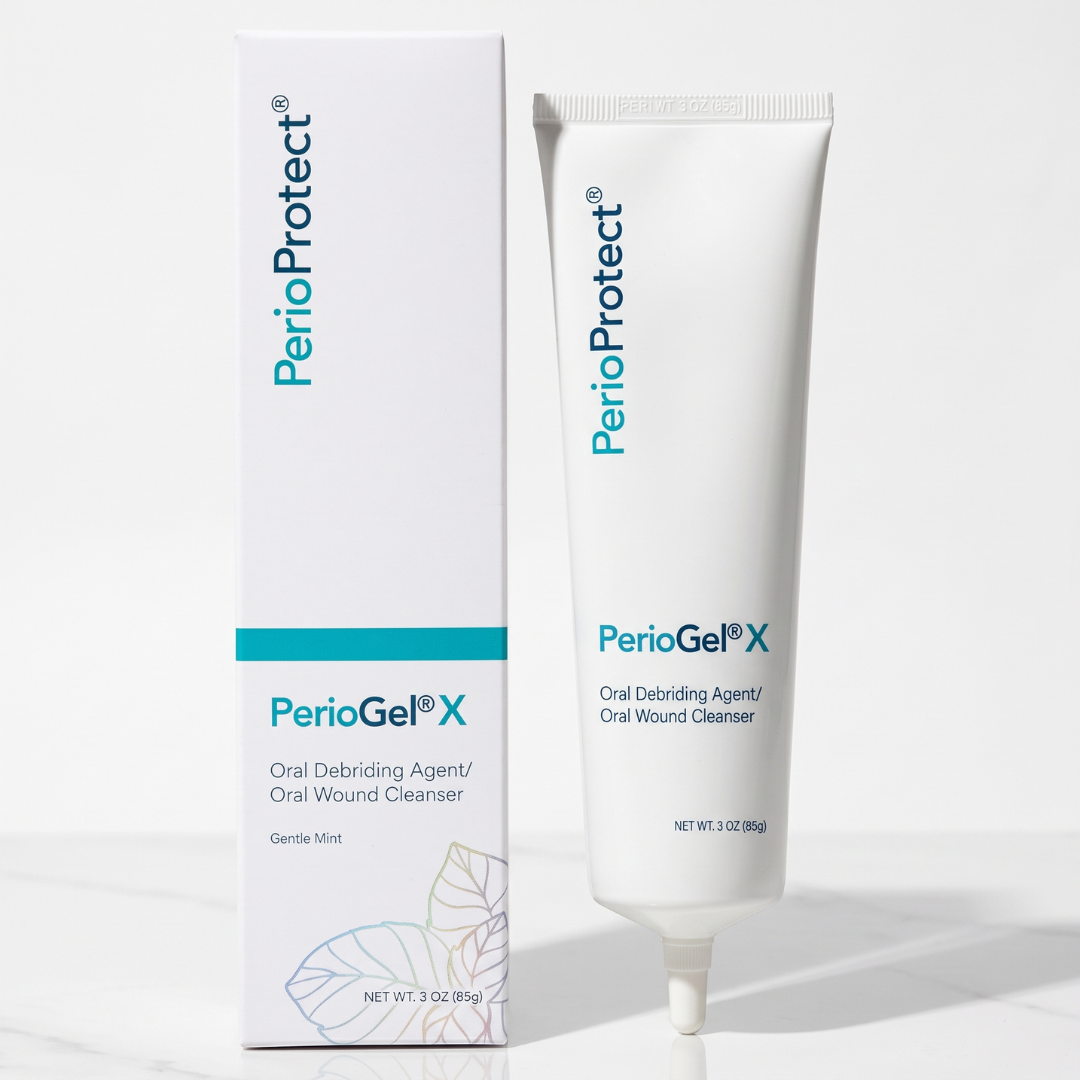 PerioProtect PerioGel X oral debriding agent and oral wound cleanser shown as a white squeeze tube next to its white retail box on a clean white background.
