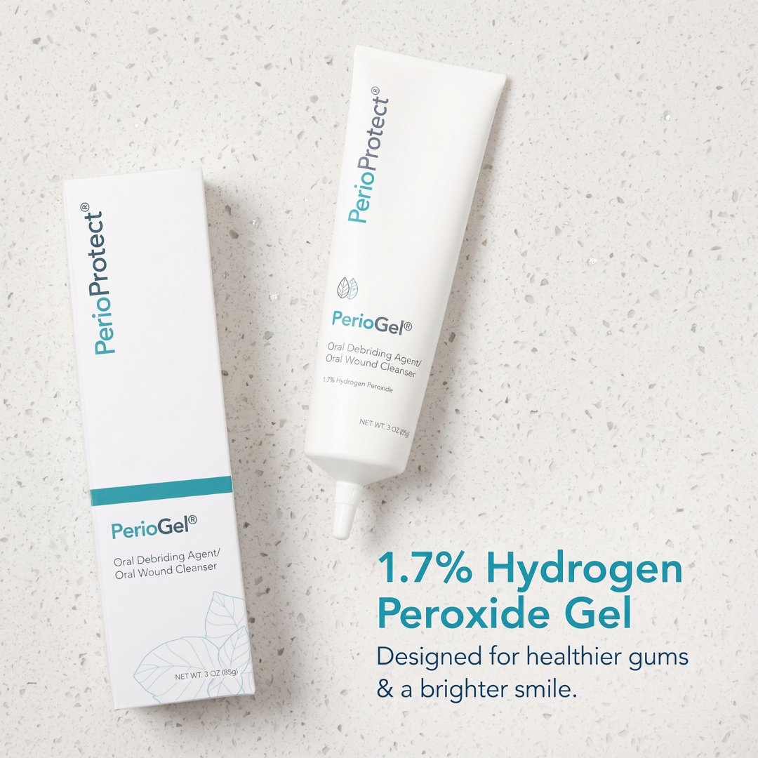 PerioProtect PeriOgel oral debriding agent and PeriOgel oral wound cleanser products shown on a light speckled countertop with promotional text.