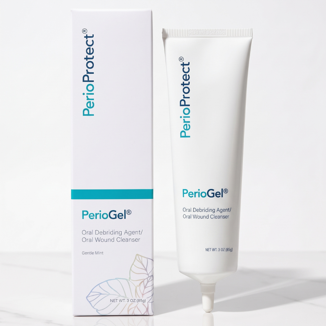 PerioProtect PerioGel oral debriding agent and oral wound cleanser shown with its white retail box and white squeeze tube on a clean white background.