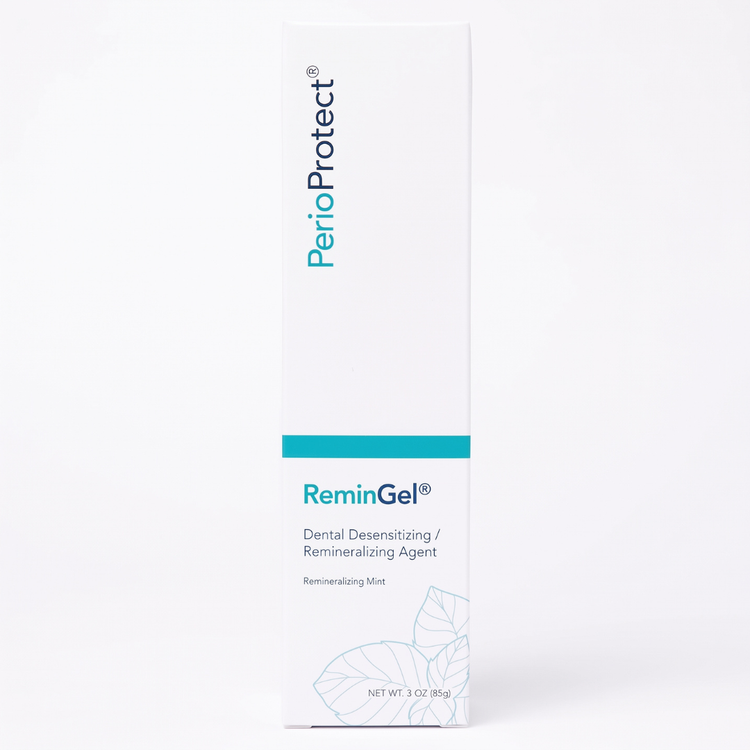 A tall white rectangular box of PerioProtect ReminGel Dental Desensitizing / Remineralizing Agent, shown on a clean white background.