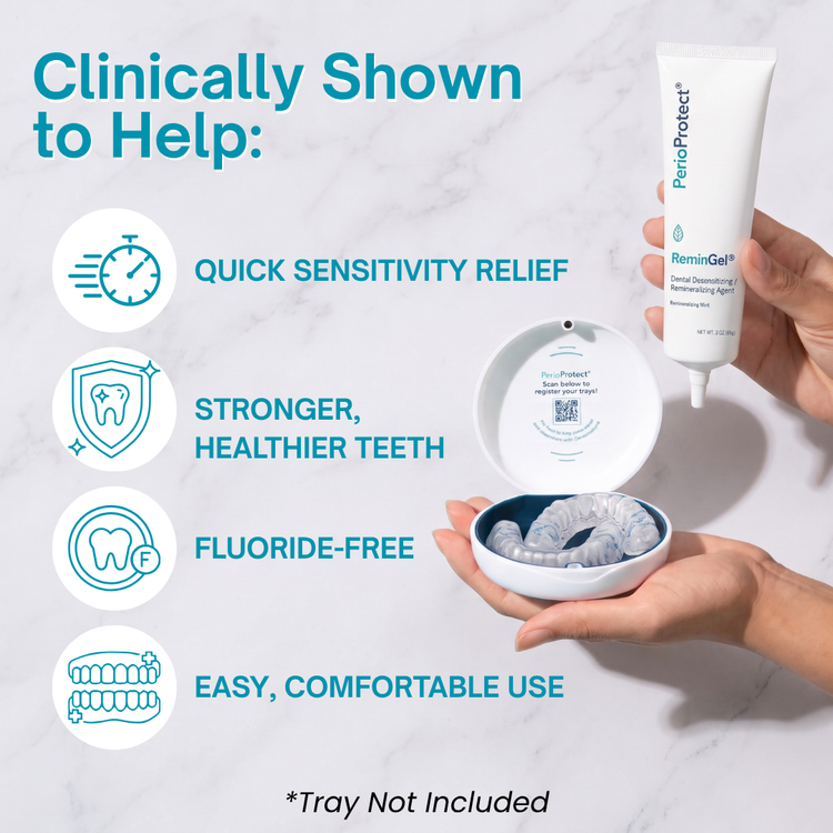A hand holds a tube of PerioProtect ReminGel toothpaste next to an open round tray containing dental light-activated gel, with marketing text on a light marble background.