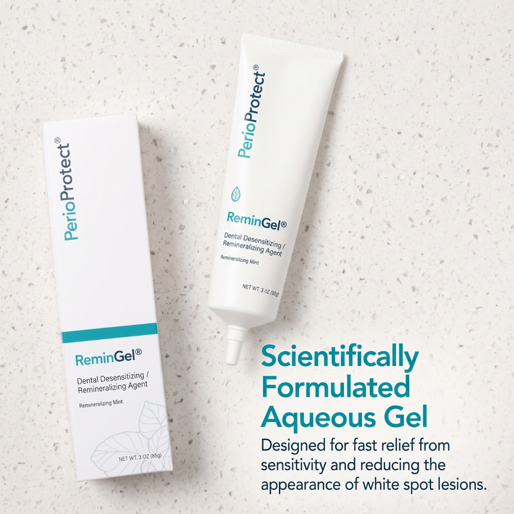 PerioProtect ReminGel dental desensitizing and remineralizing agent shown as a white squeeze tube and matching box on a light speckled surface, with teal marketing text describing the product.