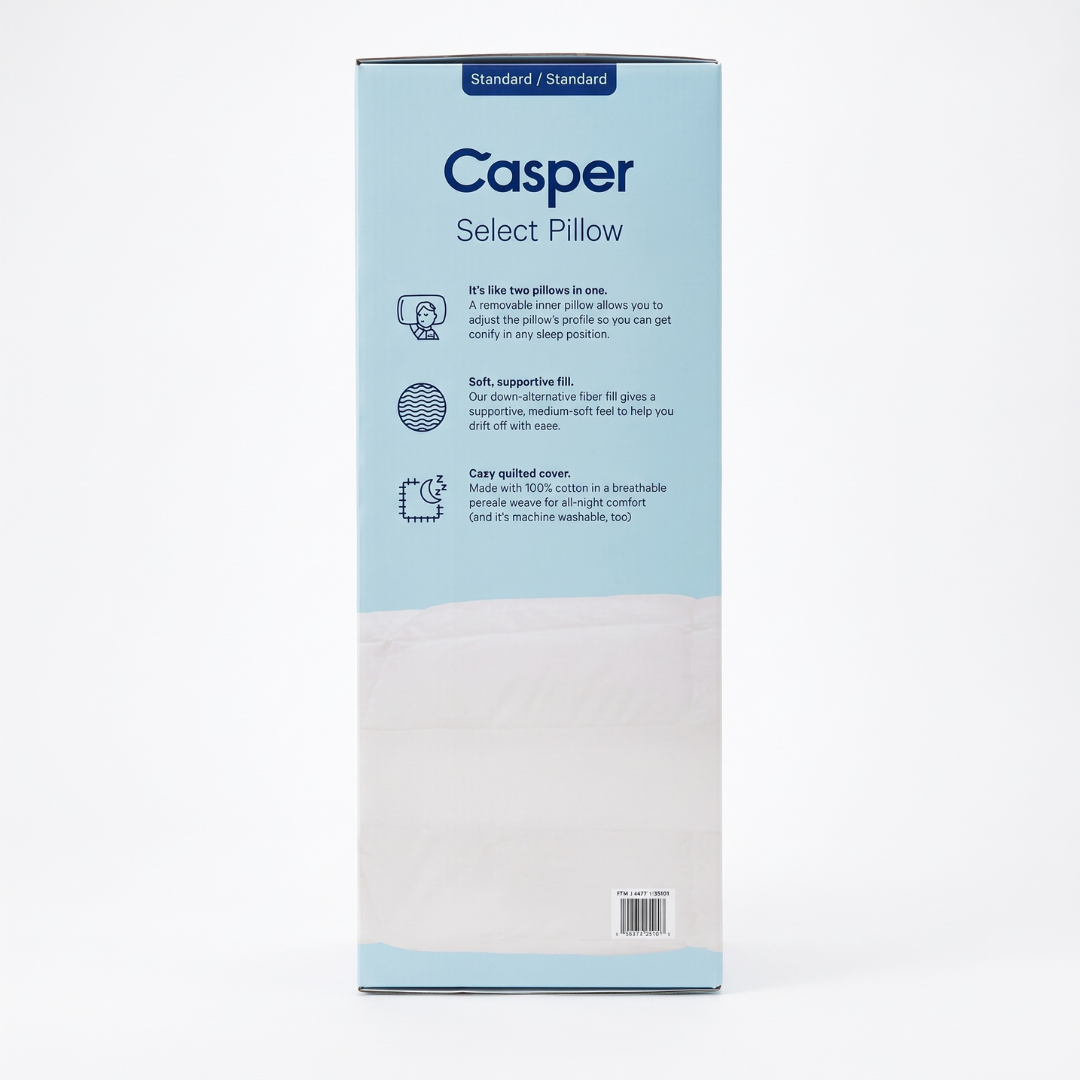 Casper Select Pillow Standard box packaging, featuring a light blue and white design with product details and icons on a clean white background.