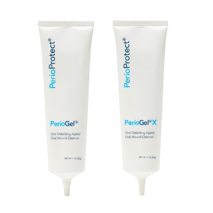 Two tubes of PerioProtect PerioGel and PerioGel X on a white background