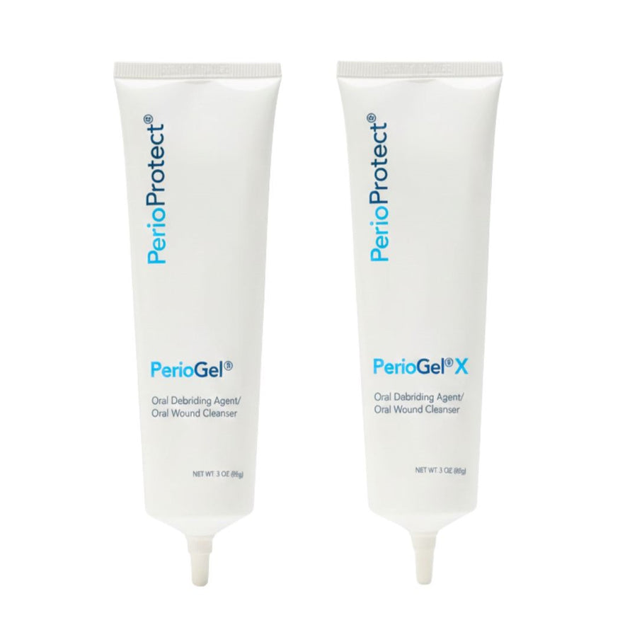 Two tubes of PerioProtect PerioGel and PerioGel X on a white background