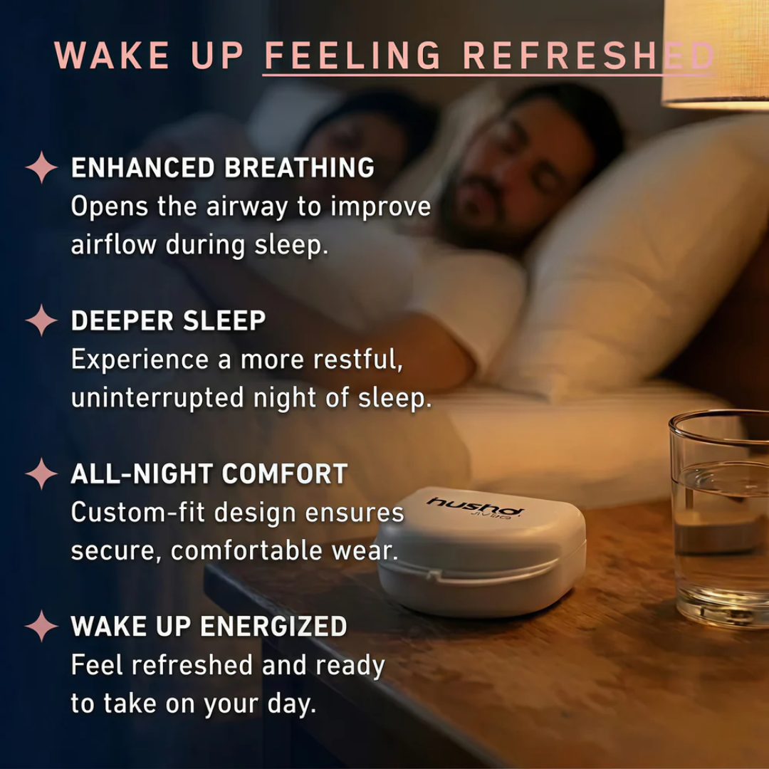 A promotional graphic for a NUSNA sleep device, showing a man sleeping soundly in bed in the background and the white NUSNA device on a bedside table in the foreground. The image includes four text callouts highlighting benefits: enhanced breathing, deeper sleep, all-night comfort, and waking up energized.