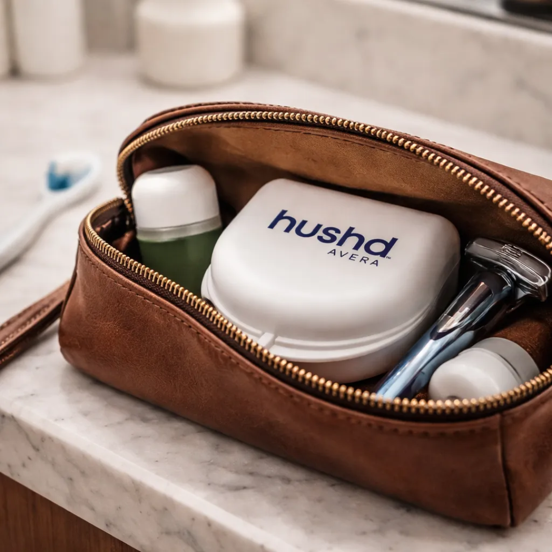 A brown faux-leather zippered travel pouch filled with toiletries, including a white Hushd Avera hair freshener container, on a marble bathroom counter.