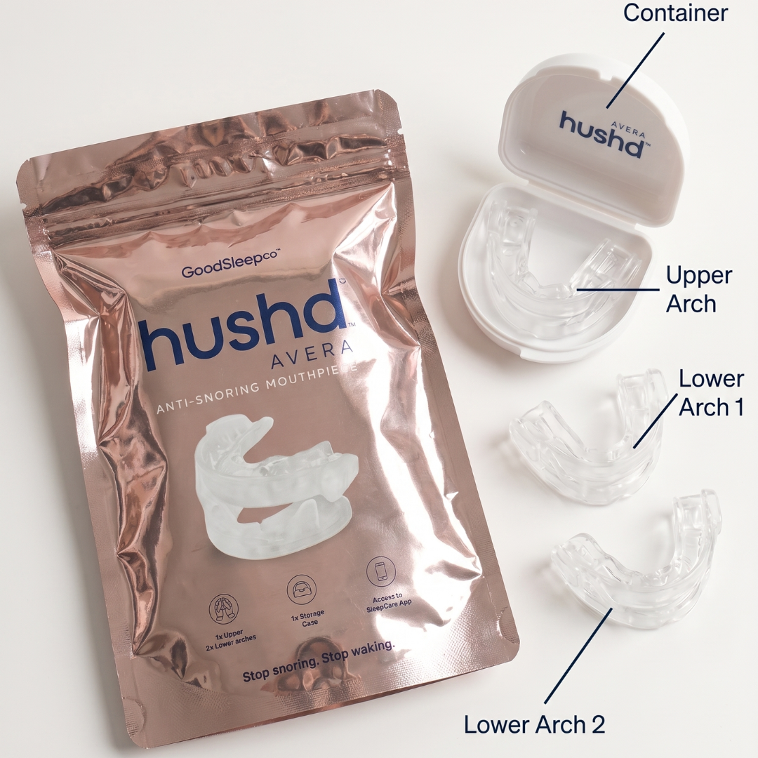 A GoodSleepco hushd Avera anti-snoring mouthpiece set shown with its metallic pouch, open white container, and two clear mouthpieces labeled Upper Arch and Lower Arch 1, 2 on a white background.
